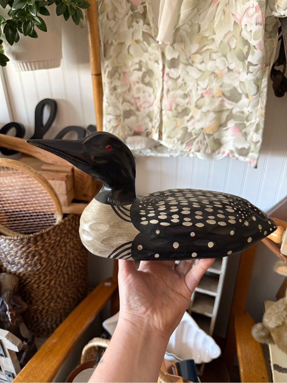 Vtg Hand-Painted Black & Cream Decorative Loon Deco - Cabin Accents